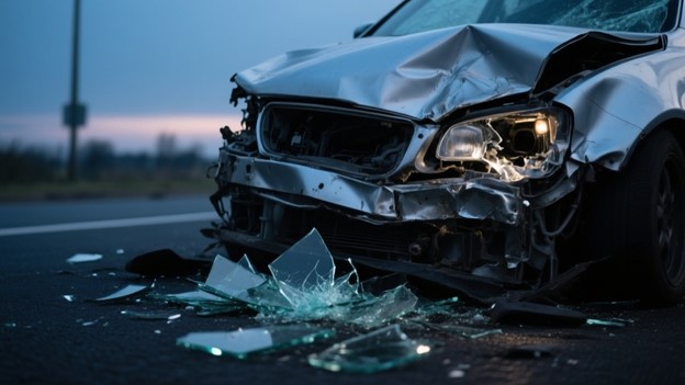 автомобиль с сильными повреждениями после ДТП передняя часть автомобиля с сильными повреждениями после ДТП